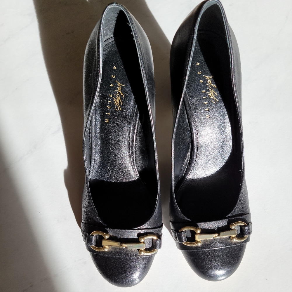Black 424 Fifth Leather Horse Bit Heels Formal